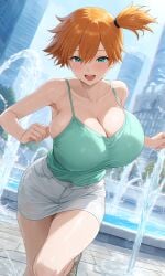 ai_generated alternative_bust_size alternative_costume aqua_eyes armpit_crease armpits asymmetrical_hair bare_arms bare_shoulders blush breast_expansion breasts bursting_breasts busty camisole clavicle cleavage clenched_hands clothing denim female footwear green_eyes hair_between_eyes huge_breasts kasumi_(pokemon) large_breasts leg_up miniskirt open-mouth_smile open_mouth orange_hair pencil_skirt pokemon ponytail sandals shirt short_hair shorts side_ponytail sideboob skindentation skirt smile spaghetti_strap standing strap_gap taut_clothes teeth thighs tied_hair upper_teeth upper_teeth_only wet_clothes white_skirt