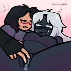 amarah_(forsaken) aroused black_hair blush breasts closed_eyes consensual embarrassed fingerless_gloves fingers glasses messy_hair plain_background pussy same_character selfcest smile spread_legs tan_skin vagina white_hair