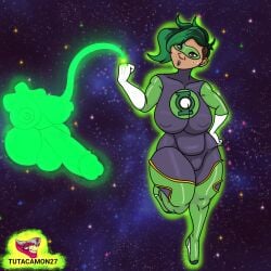 1girls chubby_female curvy_figure dc dc_comics dc_league_of_super-pets green_aura green_highlights green_lantern green_lantern_ring green_outfit hologram holographic_penis jessica_cruz jessica_cruz_(dc_league_of_super-pets) latina massive_breasts outer_space thick_thighs tutacamon27 voluptuous_female warner_brothers