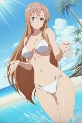 digitalwaifugallery ai_generated patreon seductive sexy uncensored watermark hi_res high_quality high_resolution yuuki_asuna sword_art_online 1girl breasts swimsuit long_hair bikini outdoors solo brown_eyes day white_bikini brown_hair smile sky palm_tree navel water looking_at_viewer thigh_gap tree beach blue_sky very_long_hair cloud ocean cleavage large_breasts o-ring blush closed_mouth o-ring_bikini standing collarbone groin dutch_angle sunlight cowboy_shot