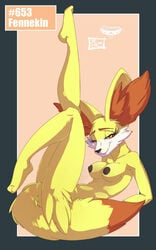 2014 anthro anthrofied barefoot big_nipples breasts canine eyelashes female fennec fennekin fluffy_tail fox fur furry half-closed_eyes happy looking_at_viewer mingchee nintendo nipples notorious84 nude orange_eyes plain_background pokemon pokemon_(species) raised_leg shadow shiny smile solo video_games