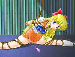 arms_behind_back ball_gag bishoujo_senshi_sailor_moon blonde_hair blue_eyes blush bondage bow box_tie breast_bondage clothing costume female female_only floor gag gagged gloves hair_ornament human long_hair minako_aino nonude panties pantyshot remote_control_vibrator rope sailor_venus serafuku skirt solo spark_utamaro tied_up trembling upskirt vibrator wall white_panties