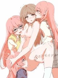 4girls bang_dream! bang_dream!_it's_mygo!!!!! between_legs blue_eyes blush breasts brown_hair brown_sweater_vest chihaya_anon chinese_commentary clothed_female_nude_female commentary_request commission cunnilingus dress female_only grey_dress grey_eyes hand_on_another's_head haneoka_school_uniform highres licking_tears long_hair medium_breasts multiple_girls multiple_persona nagasaki_soyo nipples nude open_mouth oral pinafore_dress pink_hair plaid_clothes plaid_dress sangdingting school_uniform shirt simple_background sleeveless sleeveless_dress speech_bubble sweater_vest trembling white_background white_shirt yuri