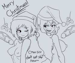 2boys 2girls black_and_white blush breasts bruntgonewrong christmas christmas_hat different_breast_sizes erect_penis female half-siblings half-sisters long_hair long_hair_female multiple_girls multiple_penises penis ruby_rose rwby yang_xiao_long