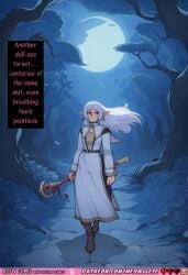 ai_art ai_generated anime_style atmospheric_lighting belt blue_sky boots bored brown_boots capelet comic comic_strip comics dark_background depressed detailed_background elf expression fantasy female_only forest frieren frieren_beyond_journey's_end frown full_moon green_eyes high_collar long_hair mage_staff melancholic meowllete moonlight night nsfw pointy_ears silver_hair solo sousou_no_frieren staff text tights very_long_hair weapon white_dress white_hair