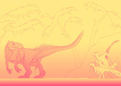 after_sex allosaurus ambiguous_gender anthro cum cum_covered cum_splatter cum_string dinosaur erection excessive_cum feral furry group humor male messy penis restricted_palette scalie side_view size_difference slash0x yellow_theme