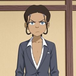 1girls ai_generated annoyed avatar_legends avatar_the_last_airbender blazer blue_eyes brown_hair business_suit cleavage collared_shirt deep_cleavage female flat_chest flat_chested hair_loopies katara open_blazer open_shirt open_suit plunging_neckline suit water_tribe white_dress_shirt white_shirt
