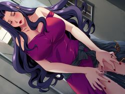 bare_shoulders blush breasts censored cleavage cum cum_in_pussy cumdrip female game_cg hitozuma_gui:_manbiki_g-man_chijoku_nikki huge_breasts jumari legs long_hair mole nail_polish no_panties purple_hair pussy standing thighs