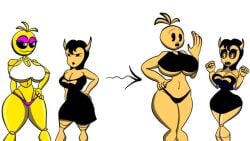 2girls alice_angel animatronic ass_bigger_than_head bendy_and_the_ink_machine breast_comparison breasts cleavage clothes devil devil_horns female female_only five_nights_at_freddy's five_nights_at_freddy's_2 mascot_horror panties sharkwar thick_thighs thighs thighs_bigger_than_head tight_clothing tight_fit toy_chica_(fnaf) transformation