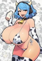 ai_generated alternate_breast_size blue_hair blush breasts brown_eyes collar cow_horns cow_print cow_print_bikini cow_print_thighhighs daisy_(gibi_asmr) elbow_gloves eyelashes gigantic_breasts headphones horns huge_breasts large_breasts milk_bottle nai_diffusion open_mouth smile stable_diffusion thick_thighs thighhighs wide_hips