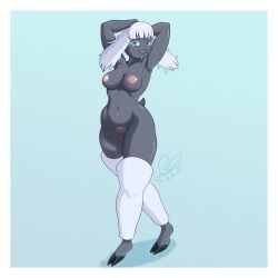 anthro areola big_breasts black_body blue_eyes blush body_blush bovid breasts caprine clothing exposed_armpit eyebrows eyelashes featureless_breasts female female_anthro front_view fur genitals hands_behind_head hi_res hooves leg_warmers legwear lingerie mammal marsh_meellow multicolored_body multicolored_fur nipples pink_nipples rhadyon sheep smile smiling_at_viewer solo stockings thick_thighs three-quarter_view two_tone_body two_tone_fur vulva vulva_blush white_body white_fur wide_hips wool_(fur)