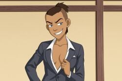 1girls ai_generated avatar_legends avatar_the_last_airbender blazer blue_eyes brown_hair business_suit cleavage collared_shirt deep_cleavage female flat_chest flat_chested genderswap_(mtf) open_blazer open_shirt open_suit plunging_neckline rule_63 smirk smug sokka suit water_tribe white_dress_shirt white_shirt
