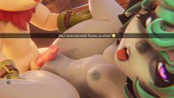 anthro breasts brown_eyes caption duo female from_front_position genitals green_hair hair hi_res league_of_legends lying male male/female missionary_position on_back penis purple_eyes riot_games sex shortstack teemo teemo_(lol) teemoty tencent vex_(league_of_legends) vex_(lol) yordle