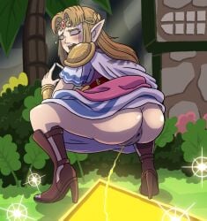 a_link_between_worlds a_link_to_the_past abel_hagen anus armor ass bead_necklace beads belt blonde_hair blunt_bangs blush boots bottomless bracer brown_boots bush cape cape_aside closed_eyes clothes_lift commission commissioner_upload curtained_hair dress dress_lift embarrassed eyelashes final_smash flying_sweatdrops forehead_jewel from_behind full_body furrowed_brow gem gold_bracer gold_diadem grass high_heel_boots high_heels highres hylian_crest in-universe_location jewelry kirby_(series) kirby_super_star light_rays lips long_hair long_sidelocks necklace no_panties non-web_source open-toe_boots open_mouth outdoors parted_bangs pauldrons peeing pink_dress pointy_ears princess_zelda pussy red_belt red_gem short_sleeves shoulder_armor sidelocks solo sparkle squatting statue super_smash_bros. sweat sweatdrop teeth the_legend_of_zelda toeless_legwear toes tongue tree triangle_hands triforce turning_head uncensored urine white_cape