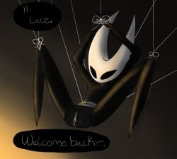 1girls black_body bug bug_girl hollow_knight hollow_knight:_silksong hollow_knight_(franchise) hornet_(hollow_knight) inviting inviting_to_sex lace_(hollow_knight) lace_(hollow_knight:_silksong) pussy pussy_juice solo solo_female spider spider_girl string strung_up team_cherry white_pussy yuri