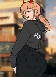 1girls artist_request ass big_ass big_breasts busty chainsaw_man fat_ass female female_only half-closed_eyes hi_res hoodie looking_at_viewer looking_back low_ponytail open_mouth orange_hair pants pose posing power_(chainsaw_man) seductive seductive_look seductive_smile sensual sexy sharp_teeth sideboob solo source_request teeth tongue voluptuous yellow_eyes