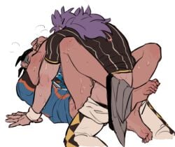 2boys anal arm_support black_hair black_shirt blue_shirt blush bottomless chuu_ni clothes_pull commentary_request covering_own_face cropped_legs dark-skinned_male dark_skin grey_male_underwear kneeling leon_(pokemon) long_hair lying male_focus male_penetrated male_underwear multiple_boys on_back pants pants_pull patterned_clothing pinstripe_pattern pinstripe_shirt pokemon pokemon_sword_and_shield purple_hair raihan_(pokemon) sex shirt short_hair short_sleeves spiked_hair sweat undercut underwear underwear_around_one_leg very_sweaty white_background white_pants wristband yaoi