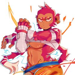 1girl abs anthro arm_wraps aura bandages big_breasts blue_sash breasts clenched_fist curvy dragon_ball dragon_ball_super dragon_ball_z energy_aura female fighting_pose glowing_eyes large_breasts lightning monkey monkey_fist_(talons_tw) monkey_girl motion_lines muscular_female narrowed_eyes power_up primate red_eyes red_fur red_hair ripped_clothing sash smug solo spiky_hair super_saiyan super_saiyan_4 super_saiyan_god tail talons_tw thick_thighs torn_clothing wide_hips yellow_aura