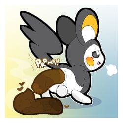 1:1 anthro anus artist_name ass backsack balls biped blush border breath digital_media_(artwork) emolga fairyfudge feces generation_5_pokemon genitals gradient_background half-closed_eyes heart_symbol hi_res looking_back looking_pleasured male male_pooping narrowed_eyes nintendo open_mouth open_smile pokemon pokemon_(species) pooping_on_floor presenting presenting_hindquarters raised_tail rear_view scat scatplay simple_background smile solo sound_effects stink_fumes tail text vowelless vowelless_sound_effect white_border