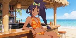 ai_generated alternate_costume beach beach_hut brown_skin cleavage crown female female_only flat_chest flat_chested halterneck happy hut iris_(pokemon) legs legs_crossed open_mouth pokemon pokemon_champion sitting small_breasts solo swimsuit tankini