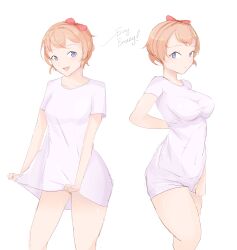 9_9bird blue_eyes doki_doki_literature_club just_sayori looking_at_viewer no_pants open_mouth orange_hair orange_panties panties sayori_(doki_doki_literature_club) shirt solo_female white_background white_shirt