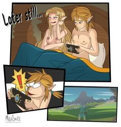 1boy a_link_between_worlds a_link_to_the_past artist_name ass battlefield_(super_smash_bros) bed before_and_after blonde_hair blue_eyes breasts breath_of_the_wild comic doggy_style duo elf_ears english_text female fireplace in_bed indoors link link_(breath_of_the_wild) long_blonde_hair long_hair male medium_breasts mildsauce nintendo nipples nude outdoors ponytail princess_zelda sex sideboob speech_bubble text the_legend_of_zelda top-down_bottom-up window zelda_(a_link_between_worlds) zelda_(a_link_to_the_past)