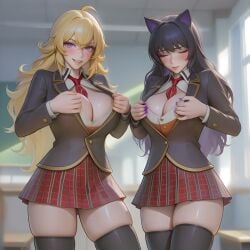 2girls ai_generated animal_ears animated beautiful big_breasts black_hair blake_belladonna blonde_hair blush brown_blazer busty_female cat_ears catgirl classroom female female_only gold_trim long_hair looking_at_viewer nervous_smile nice_tits nipples pink_nipples pulling_out_breasts purple_eyes purple_nails red_plaid_skirt red_tie rwby school_uniform schoolgirl seductive_smile showing_off tagme teasing thick_thighs thighhighs titty_drop two_girls unbuttoning video yang_xiao_long yellow_eyes yellow_nails