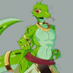 1boy abs anthro collar curved_tail dark_green defined_muscles dragon flustered forked_tongue gold_accents gold_armor gold_collar gold_ring green_scales hip_focus hip_sway hips hissing light_green lizard long_tail long_tongue male muscular muscular_male open_clothing pecs red_eyes red_sash reptile ring sash scalie smug snake solo sweat sweatdrops tail talons_tw tongue_out white_clothing wristbands