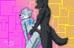 absurd_res animal_genitalia animal_penis anthro ass backsack balls black_body black_fur black_nose blue_eyes blue_markings bodily_fluids canid canine canine_genitalia canine_penis canis cel_shading duo erection fur genital_fluids genitals green_eyes grey_body grey_fur hi_res hot_dogging howlfeiwolf howlite knot male male/male mammal markings open_mouth pattern_background penis precum sex shaded simple_background smile tail teeth tongue white_body white_fur wolf y/n ych_(character)