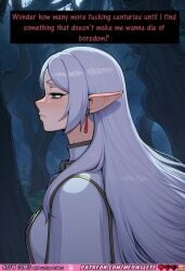 ai_art ai_generated anime_style atmospheric_lighting background belt blue_tones bored brown_straps capelet comic comic_strip comics dark_forest dark_night depressed detailed_background detailed_clothing elf existential_crisis expression fantasy female_only flowing_hair forest frieren frieren_beyond_journey's_end glowing gold_trim green_eyes high_collar long_hair mage_staff melancholic moonlight night nsfw pointy_ears profile_view shoulder_cape side_profile silver_hair solo sousou_no_frieren staff text tired very_long_hair weapon white_dress white_hair meowllete