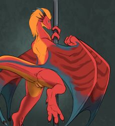 anthro anus blue_eyes claws countershading dancing dragon european_mythology eztli_(user_55) female flamespitter genitals hair hi_res horn looking_at_viewer looking_back membrane_(anatomy) mythological_creature mythological_scalie mythology non-mammal_vulva nude pole pole_dancing presenting raised_foot raised_tail rear_view red_body scalie simple_background smile solo stripes stripper_pole tail vulva western_dragon wings wyvern