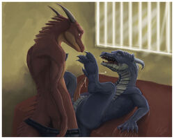 anthro blue_body closed_eyes clothing cum cumshot dragon duo erection feral furry furry_only gay horn lying male male_only no_humans nude on_back open_mouth orgasm pants pants_down penis red_body sex simple_background slash0x table_lotus_position