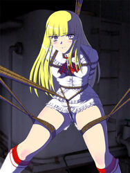 arms_behind_back blonde_hair blush bondage boots box_tie breast_bondage cameltoe crotch_rope dress emilie_de_rochefort hime_cut long_hair nonude panties pantyshot predicament_bondage purple_eyes rope spark_utamaro tekken thighs upskirt white_panties