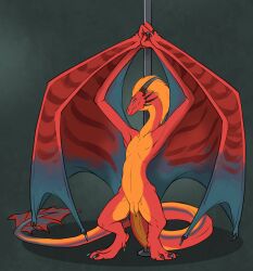 anus blue_eyes claws countershading dancing dragon european_mythology eztli_(user_55) featureless_chest female feral flamespitter front_view genitals hair hi_res horn looking_at_viewer membrane_(anatomy) mythological_creature mythological_scalie mythology non-mammal_vulva nude pole pole_dancing presenting raised_wings red_body scalie simple_background smile solo spread_legs spread_wings spreading stripes stripper_pole tail vulva western_dragon wings wyvern
