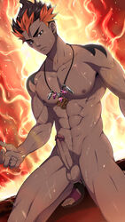 1boy abs bare_shoulders barefoot belly brown_eyes dark-skinned_male dark_skin erection feet fire human kiawe_(pokemon) kneeling looking_at_viewer male male_focus male_only mazjojo multicolored_hair muscular navel necklace nipples nude penis pokemon pokemon_sm red_background red_hair sandals short_hair solo squatting sweat tattoo testicles toes uncensored veins veiny_penis