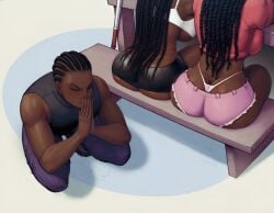 1boy 2girls african_female african_male ai_generated ass back_view big_ass black_female black_male booty_shorts braid braided_hair braids cornrows crop_top dark-skinned_female dark-skinned_male dark_skin eyes_closed long_hair original original_characters praying shorts sideboob sitting skirt_lift tank_top thick thick_ass thick_thighs thighs thong underboob viewed_from_behind whale_tail
