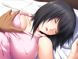 bare_shoulders bed black_hair blush breast_grab breasts closed_eyes erect_nipples female highres huge_breasts lying open_mouth partial_male pillow pink_poison short_hair sleeping