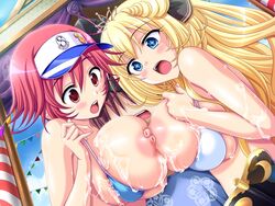 1boy 2girls bikini blonde_hair blue_eyes blush breasts censored cg cum cum_on_body cum_on_breasts cum_on_upper_body double_paizuri erect_nipples female game_cg honoo_no_haramase_oppai_nyuu_doukyuusei huge_breasts long_hair male michelle_de_la_farge multiple_girls nipples open_mouth outercourse paizuri red_eyes red_hair serizawa_nei short_hair squeez straight sweat swimsuit symbol-shaped_pupils threesome tiara visor