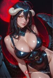 ahoge ai_generated albedo_(overlord) bare_shoulders blush booty busty cleavage curvy deep_cleavage demon_girl hair_between_eyes hot large_breasts latex latex_dress overlord_(maruyama) perfect_body portrait puffy_lips red_moon sexy slim_waist slit_pupils succubus succubus_horns succubus_wings thick_thighs wide_hips yellow_eyes