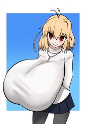 1girls antenna_hair arcueid_brunestud arms_behind_back black_pantyhose blonde_hair blue_skin blush boobs_bigger_than_head breast_focus breasts female giant_breasts gigantic_breasts hair_intakes huge_breasts hyper hyper_breasts looking_at_viewer miniskirt necklace pantyhose plaid_skirt presenting_breasts red_eyes short_hair smile standing stray_oekaki sweater top_heavy tsukihime tsukihime_(remake) turtleneck_sweater white_sweater