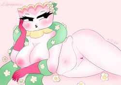 1girls 2026 big_belly big_breasts big_thighs black_lipstick bored bored_expression chubby chubby_belly chubby_female cup dandy's_world dandys_world female female_focus female_only flower flower_on_head gloves humanoid laying_down laying_on_side lilgrimprincess looking_away nude nude_female nudity object_head pastel_porcelain_teagan pink_background roblox scarf solo solo_female solo_focus tea_cup teagan_(dandy's_world) white_skin