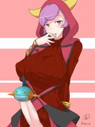 9rimson breasts censored commentary_request courtney_(pokemon) covered_nipples cowboy_shot erection fake_horns female futanari hand_up hood hood_up hooded_jacket horned_hood horns jacket large_breasts long_sleeves looking_at_viewer marshtomp novelty_censor open_mouth penis penis_out pink_background pokemon pokemon_omega_ruby_and_alpha_sapphire purple_eyes purple_hair red_jacket red_sweater ribbed_sweater saliva short_hair solo sweater team_magma_uniform tongue tongue_out