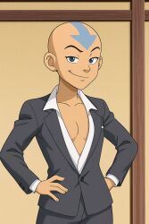 1girls aang ai_generated avatar_legends avatar_the_last_airbender bald blazer blue_eyes business_suit cleavage collared_shirt deep_cleavage female flat_chest flat_chested genderswap_(mtf) hands_on_hips open_blazer open_shirt open_suit plunging_neckline rule_63 smirk smug suit tattoo white_dress_shirt white_shirt