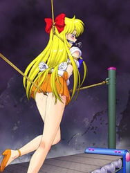 arms_behind_back bishoujo_senshi_sailor_moon bit_gag blonde_hair blue_eyes blush bondage bound_arms bound_wrists bow box_tie breast_bondage clothing crotch_rope female female_only gag gagged gloves hair_ornament hair_ribbon high_heels human long_hair mechanism minako_aino nonude noose panties pantyshot peril predicament_bondage rope rope_walking sailor_venus school_uniform serafuku skirt solo spark_utamaro straight_hair treadmill white_panties