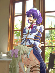 2girls arms_behind_back blonde_hair blue_eyes blush bob_cut bondage breast_bondage crotch_rope dress_lift female female_only femdom gag gagged glasses hair_ribbon long_hair maid maid_apron maid_headdress multiple_girls nude open_clothes open_shirt original pale_skin panties pantyshot purple_eyes purple_hair rope rope_gag shirt spark_utamaro thigh_grab window yuri