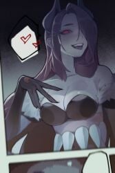 1girl 1girls absurdres black_bra black_hands black_horns bra breasts cleavage colored_extremities colored_tongue commentary english_commentary extra_mouth extra_tongue female freckles giwi_(vtuber) hair_ornament hair_over_one_eye heart highres horns indie_virtual_youtuber large_breasts long_hair monster_girl open_mouth purple_hair purple_tongue red_eyes sharp_teeth solo speech_bubble stomach_mouth strapless strapless_bra teeth third_eye tongue tongue_out underwear virtual_youtuber vtuber worm_girl x_hair_ornament