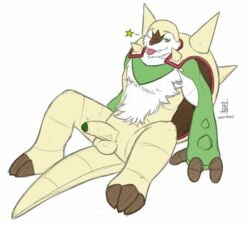 3_fingers 3_toes anthro balls chesnaught erection foreskin furry green_eyes hairy_chest male male_only nintendo one_eye_closed packmind penis plain_background pokemon sitting solo spikes star tongue tongue_out uncut video_games white_background wink