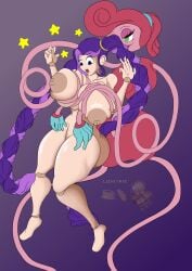 big_areola big_ass big_breasts big_butt big_thighs dark_nipples lecheykfe lily_lovebraids lily_lovebraids_(poppy_playtime) mommy_long_legs purple_hair squeezing squeezing_breast surprised tail