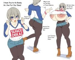 areola areola_slip areolae ass_expansion big_breasts bimbo bimbofication bimbofied blue_eyes blush boots breast_expansion breasts breasts_bigger_than_head clothed clothed_female clothed_humanoid dialogue digital_media_(artwork) english_text expansion female genitals gray_hair hair humanoid looking_at_viewer moffin nipples_visible_through_clothing panties panties_visible_under_skirt pantyhose pink_lipstick sequence skirt skirt_lift skirt_up solo speech_bubble sugoi_dekai text thick_lips thick_thighs transformation transformation_sequence tshirt unaware underboob underwear useless_clothing uzaki-chan_wa_asobitai! uzaki_hana