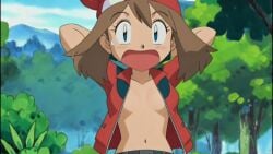 ai_generated bandana blush brown_hair cleavage flat_chest flat_chested hands_behind_head jacket may_(pokemon) naked_jacket open_jacket open_mouth pokemon pokemon_rse small_breasts surprised unzipped